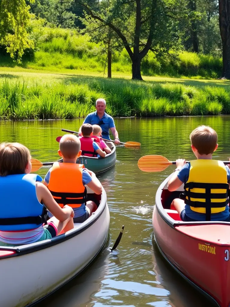 A photograph of children learning to canoe in a safe, controlled environment, emphasizing the association's commitment to youth engagement and skill development.