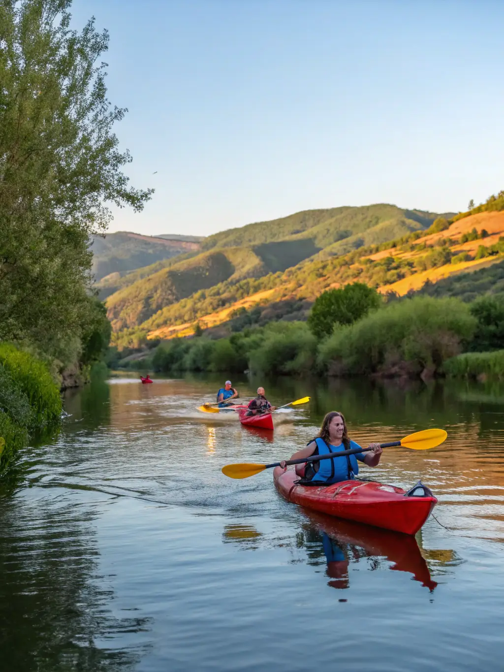 A group of diverse individuals participating in a guided kayaking tour on a calm river, surrounded by lush greenery, showcasing the association's accessible activities.