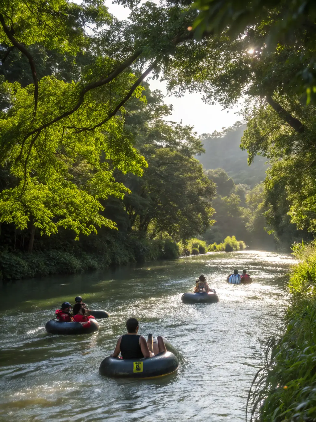 An image of adults participating in a guided canoe tour on the Mayenne river, highlighting the scenic beauty and recreational aspect.