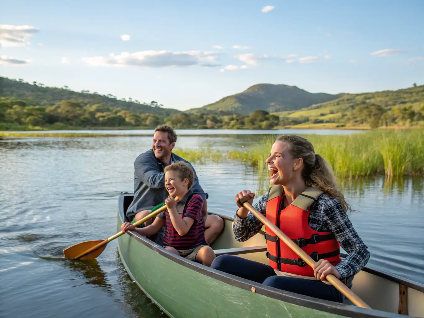 An image of a family enjoying a leisurely canoe trip on the Mayenne River, showcasing the accessibility of CANOE KAYAK CHATEAU GONTIER's programs for all ages.