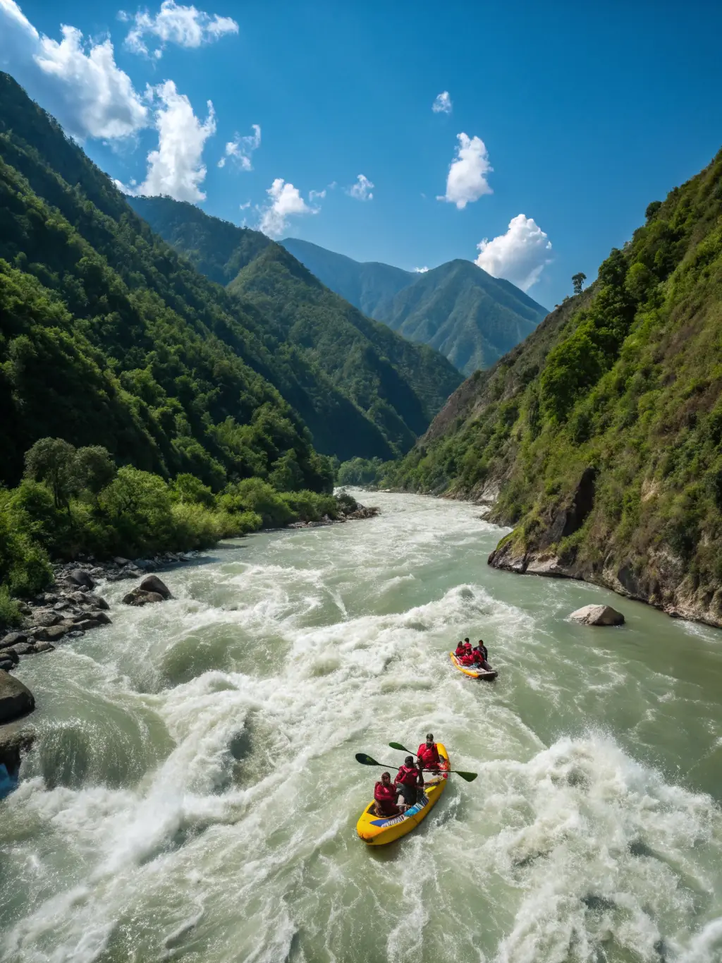A group of experienced kayakers navigating a challenging section of the river, demonstrating advanced skills and adventure.