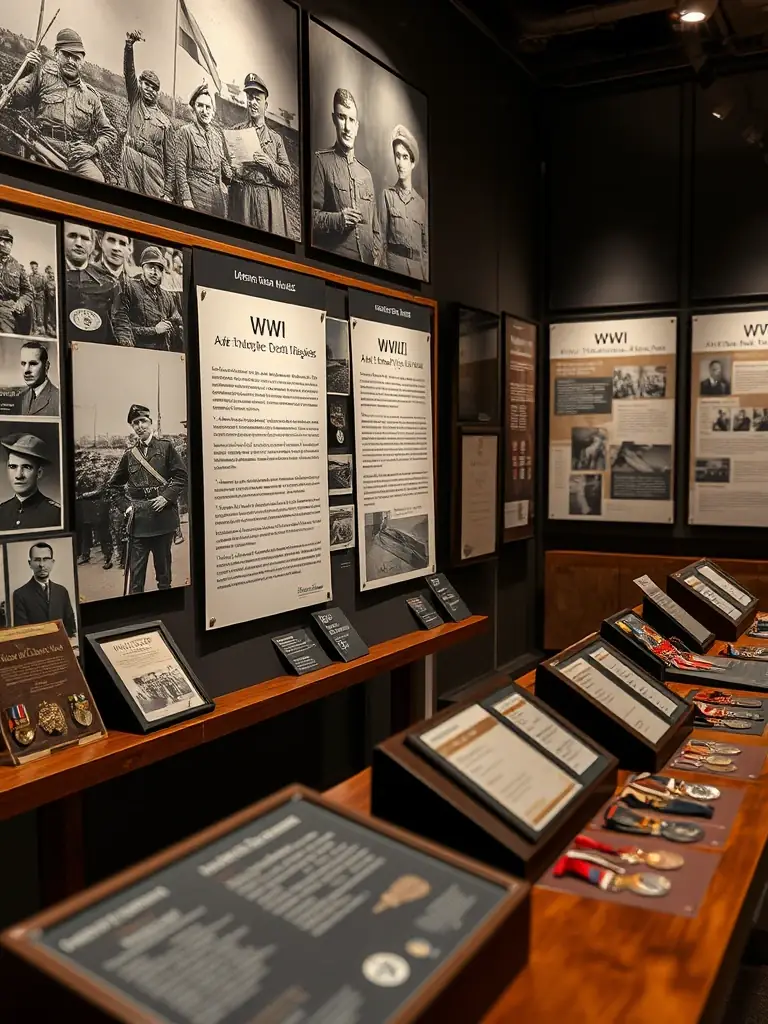 A display from a thematic exhibition, featuring artifacts, photographs, and informational panels that highlight a specific aspect of WWI history.