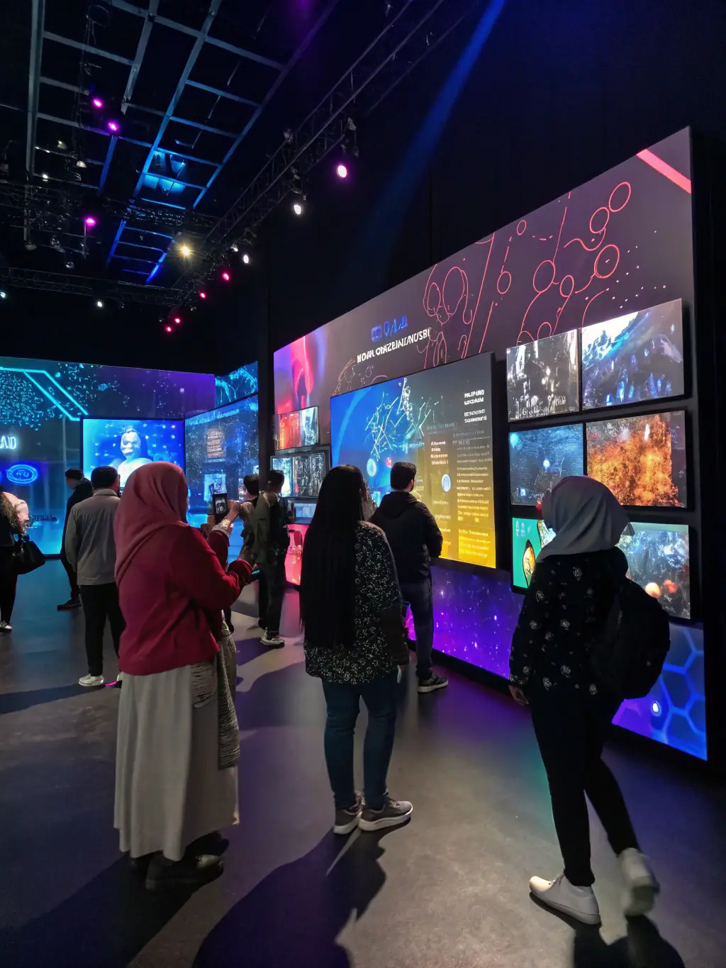 A group of visitors exploring exhibits in the museum, with displays of WWI artifacts and interactive screens.