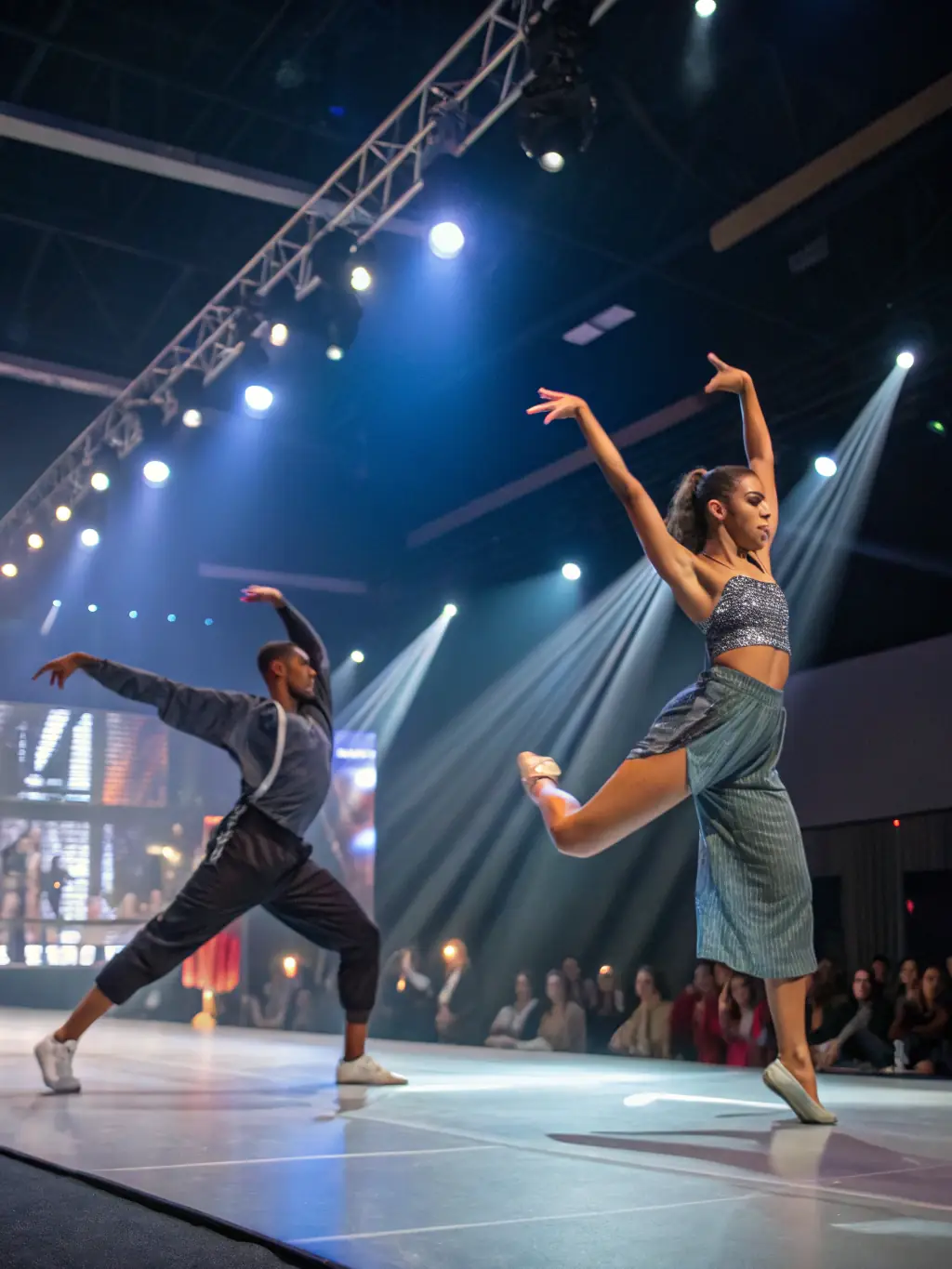 Two dancers in a dynamic pose during a Modern Rock 4 Temps competition, highlighting the precision and artistry of competitive dance.