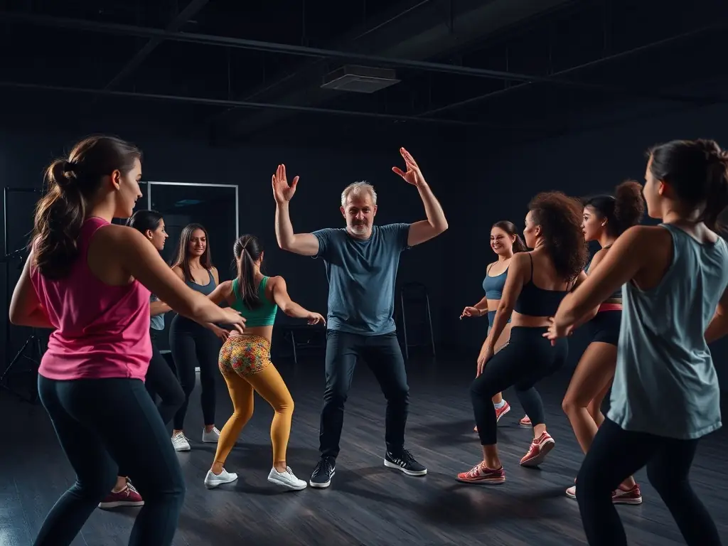 A lively dance class with students practicing partner moves under the guidance of an instructor in a spacious studio, showcasing the dynamic learning environment of Tendance 4 Temps' dance lessons.
