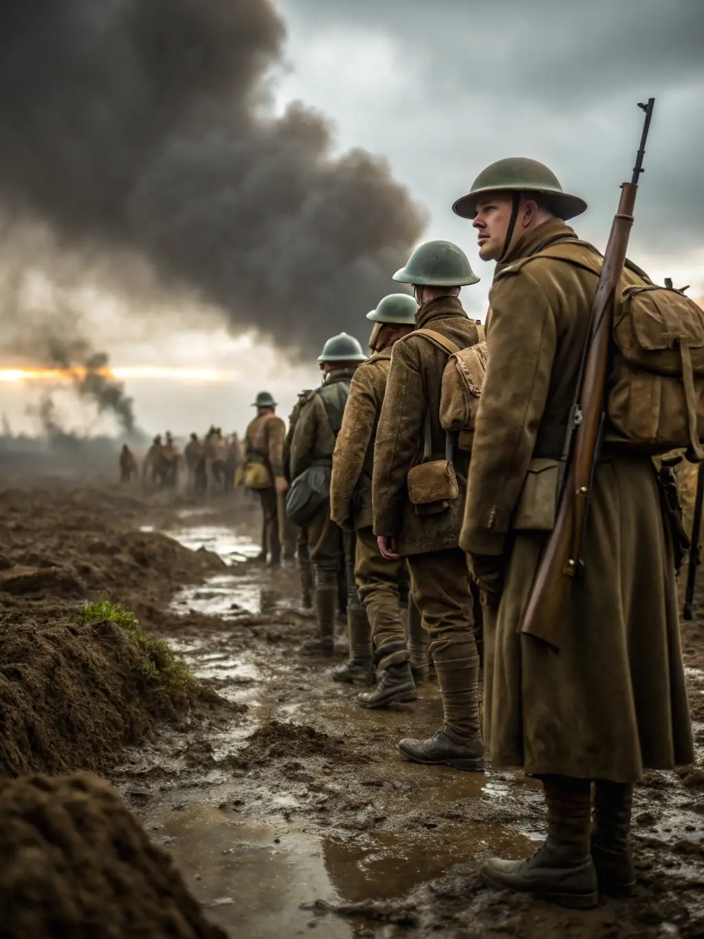 Reenactors dressed in period uniforms performing a WWI battle scene outdoors.