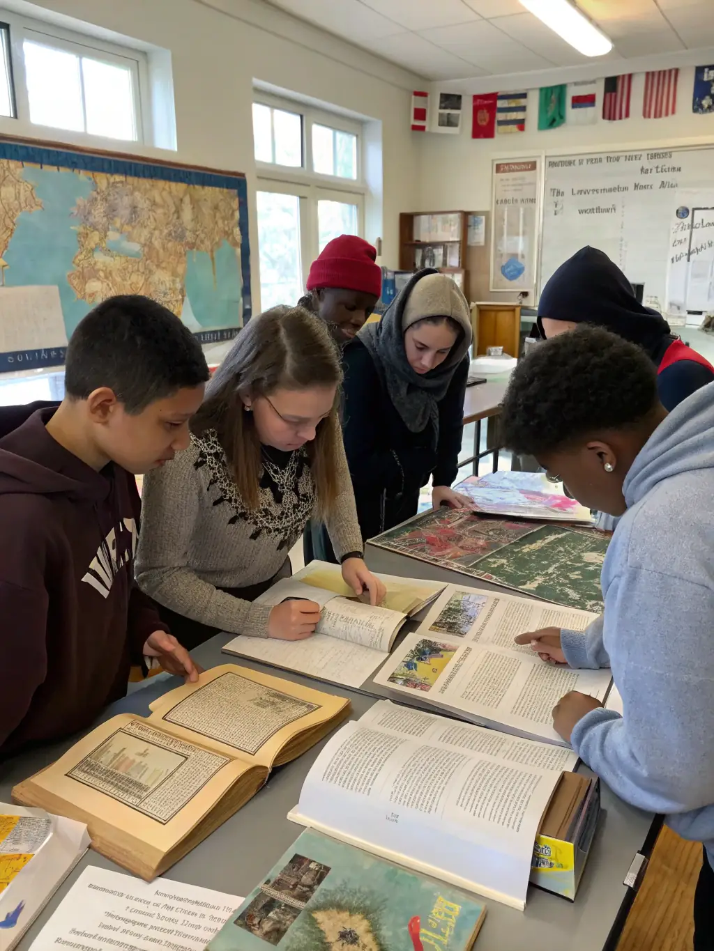 A classroom setting with students participating in a history workshop, with visual aids and artifacts.