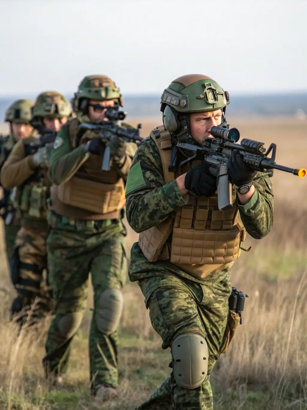 Reenactors dressed in WWI-era uniforms participating in a historical reenactment, recreating a significant battle or daily life scene from the war.