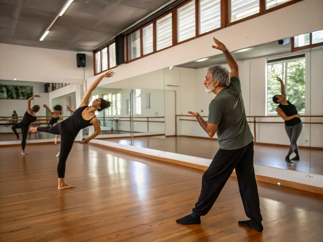 A lively dance class with students practicing partner moves under the guidance of an instructor in a spacious studio, showcasing the learning environment at Tendance 4 Temps.
